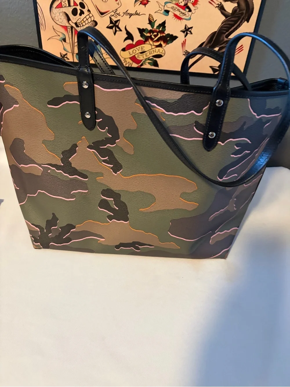 Coach Camouflage Print Leather Tote in Green, Pink & Black